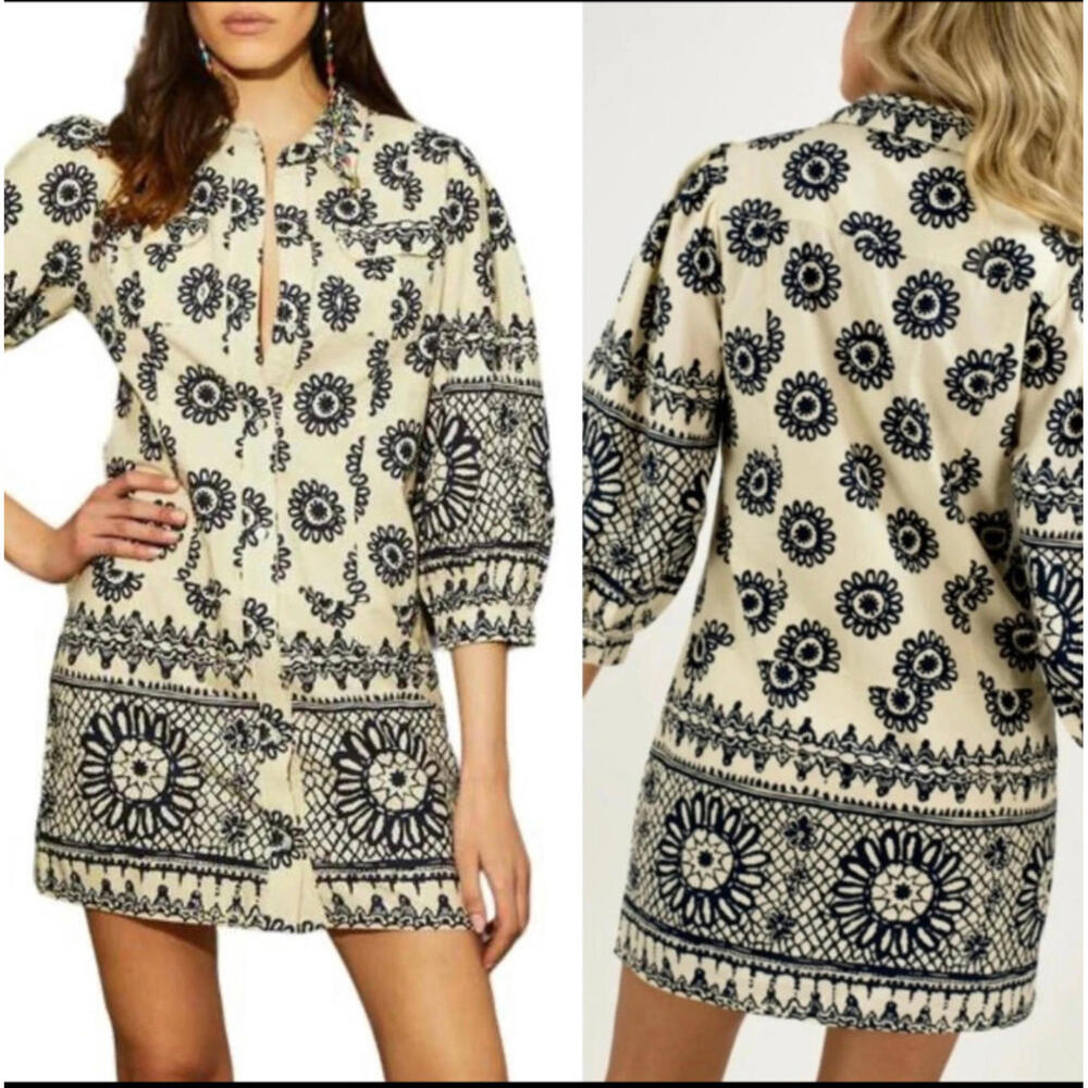 Love The Label Sula Mini Shirt Dress Dagmar Ivory Navy Collared Block Print Sz L